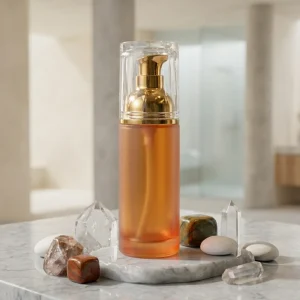 50ml Clear Patterned Glass Bottle with Gold Plated Pump | Transparent Embossed Outer Shell Cylindrical Lotion Bottle | Wholesale OEM