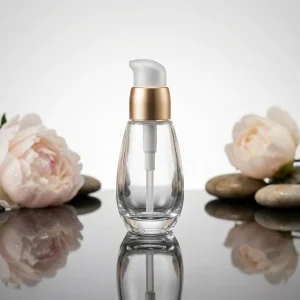 30ml Bulb Glass Bottle with Gold Penguin Pump | Round Belly Cosmetic Bottle for Foundation & Lotion | Wholesale OEM