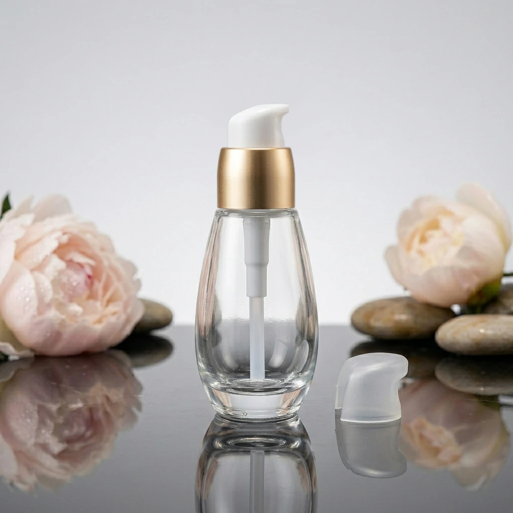 30ml Bulb Glass Bottle with Gold Penguin Pump detail 003